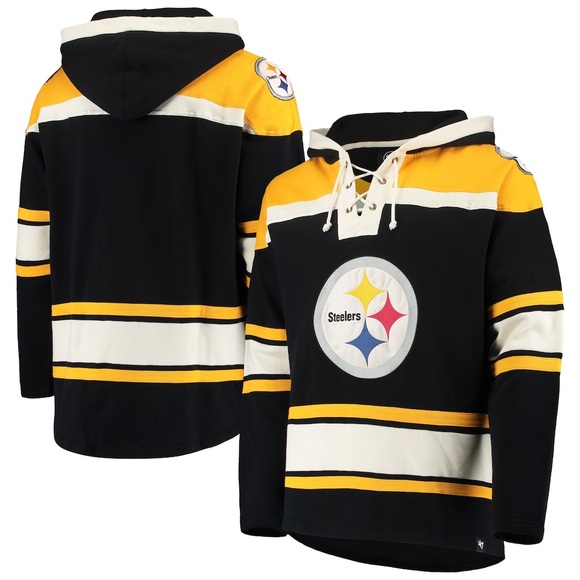 NEW Men's Pittsburgh Steelers '47 Black/Gold Lacer V-Neck Pullover Hoodie - Picture 3 of 10